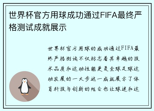 世界杯官方用球成功通过FIFA最终严格测试成就展示